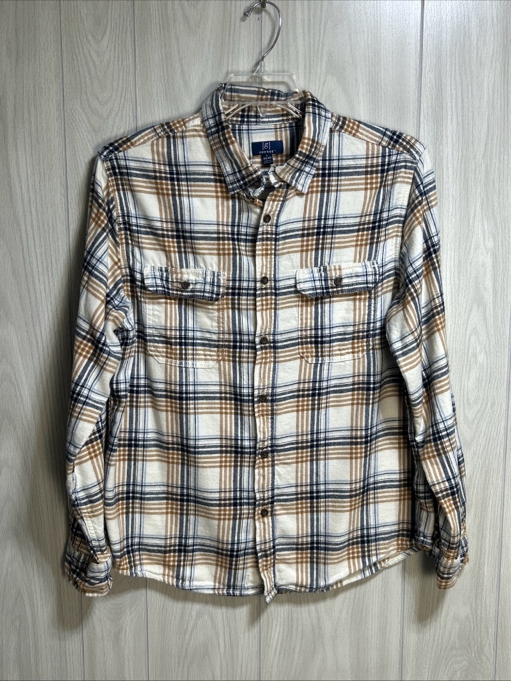 George Men’s Long Sleeve Button Front Plaid Flannel Size L (42-44)
